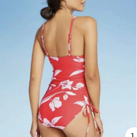 Kona Sol Red White Floral One Piece V Neck Swimsuit Size Small 4-6 - Picture 2 of 12